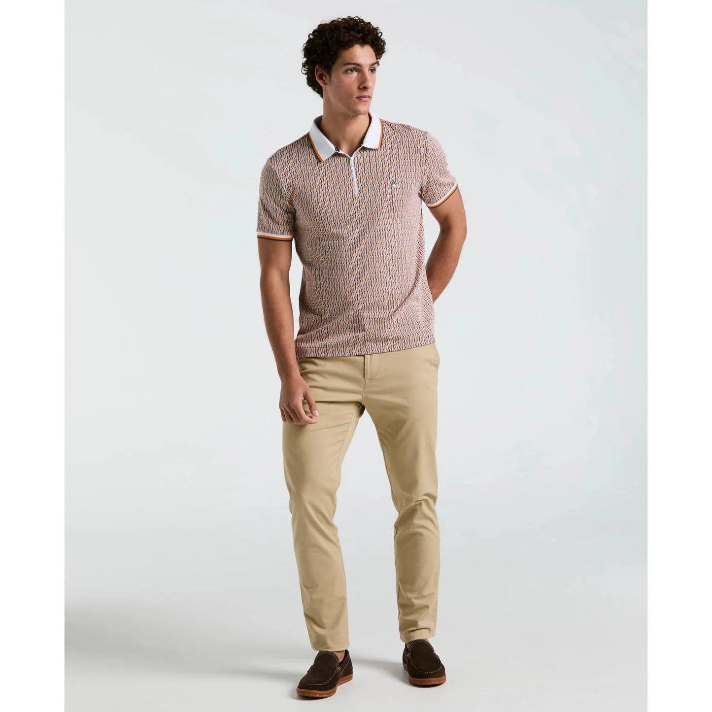 Original Penguin Tipped Jacquard Geo Print Zip Polo Shirt In Orange Peel - RD1 Clothing