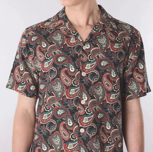 Red Pretty Green Bonamassa paisley shirt with detailed pattern, long sleeves, and classic collar on white background.