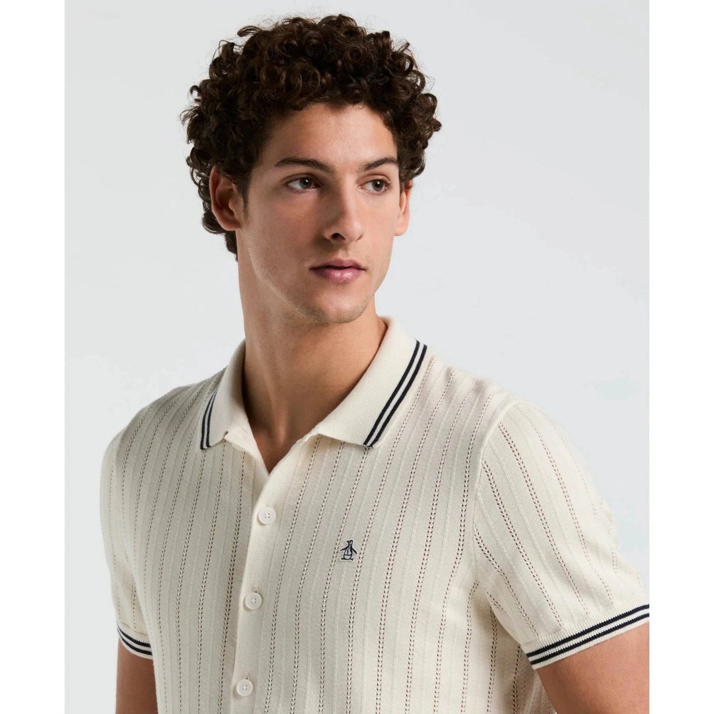 Original Penguin Drop Needle Button Front Sweater Polo Shirt In Birch - RD1 Clothing