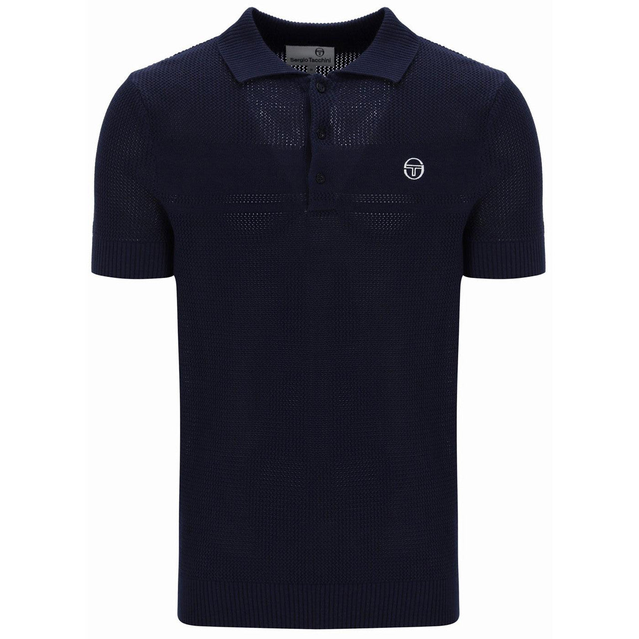 Navy Sergio Tacchini Sabino knitted polo shirt with mesh knit fabric, classic collar, and short sleeves.