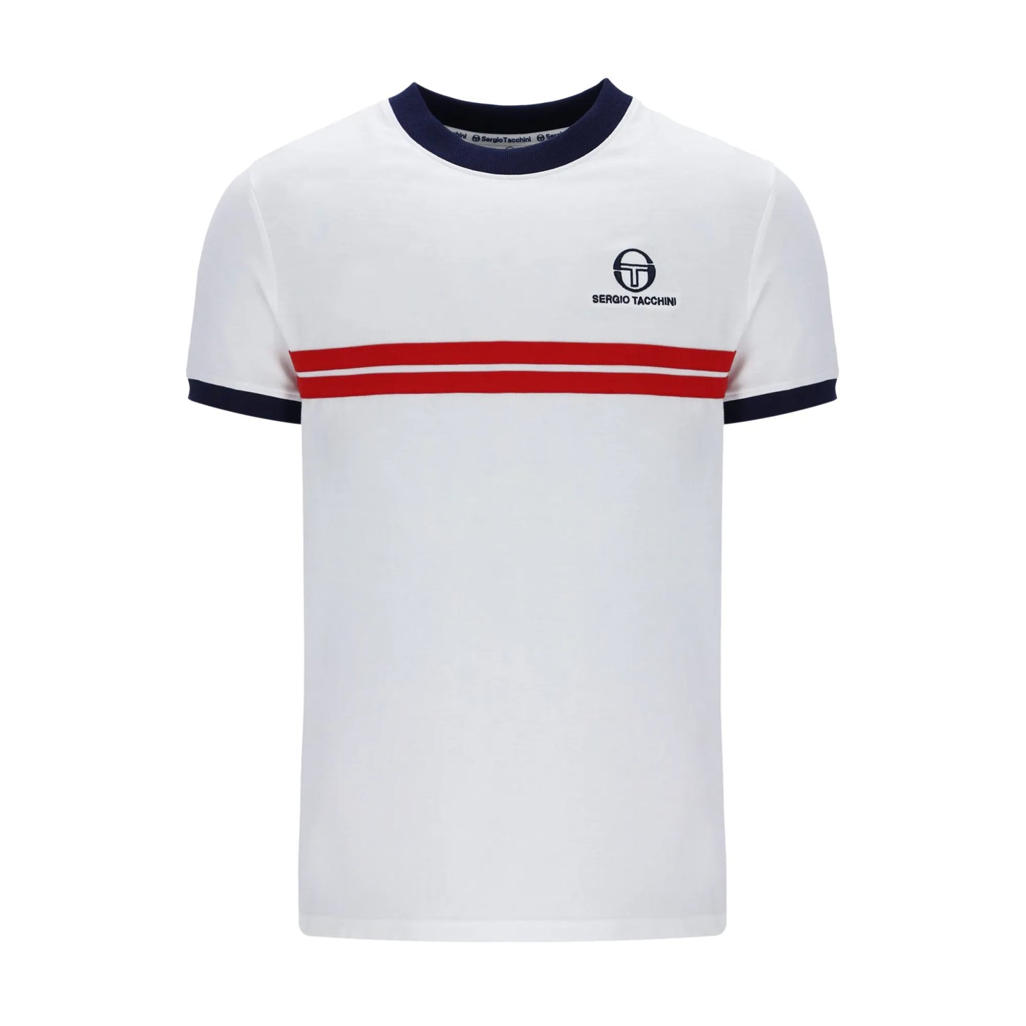 White Sergio Tacchini Supermac T-Shirt with maritime blue and adrenaline rush accents, casual crewneck design.