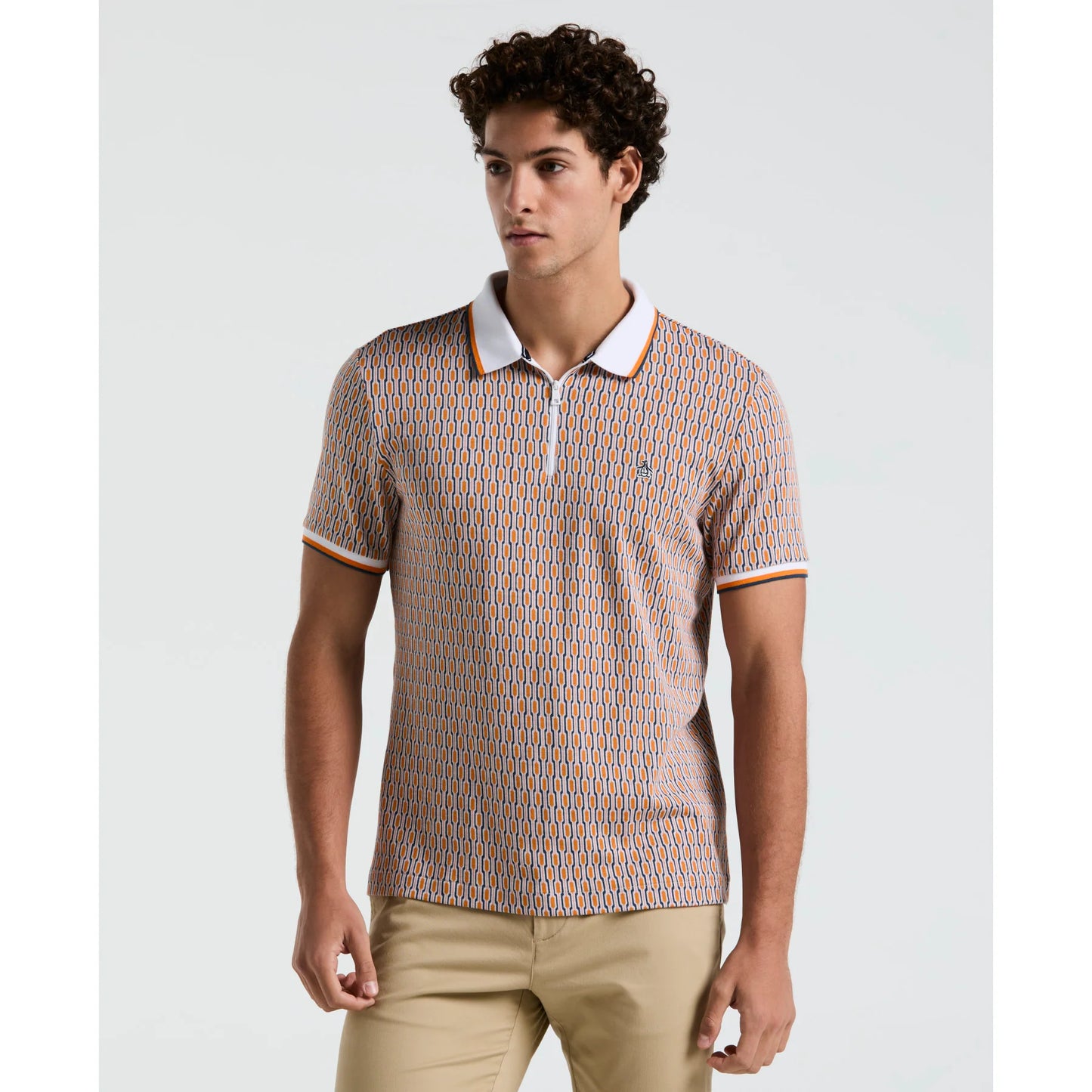 Original Penguin Tipped Jacquard Geo Print Zip Polo Shirt In Orange Peel