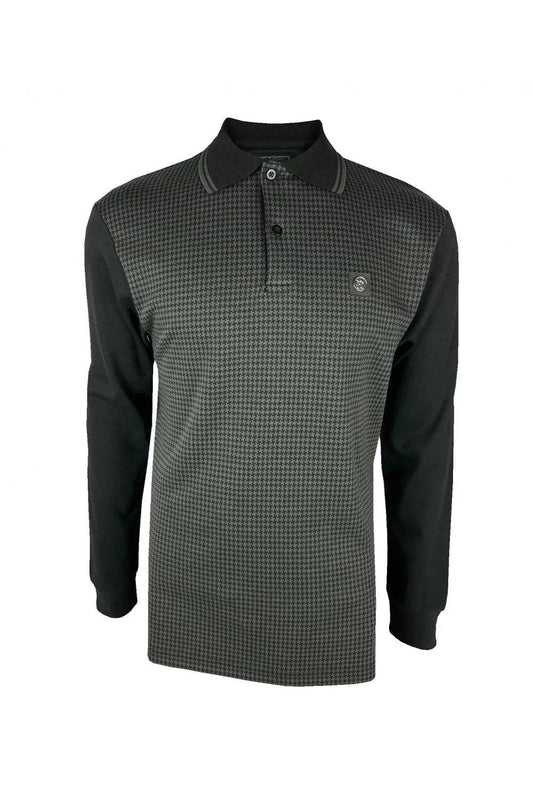 Trojan Houndstooth Panel Polo LS In Black - RD1 Clothing