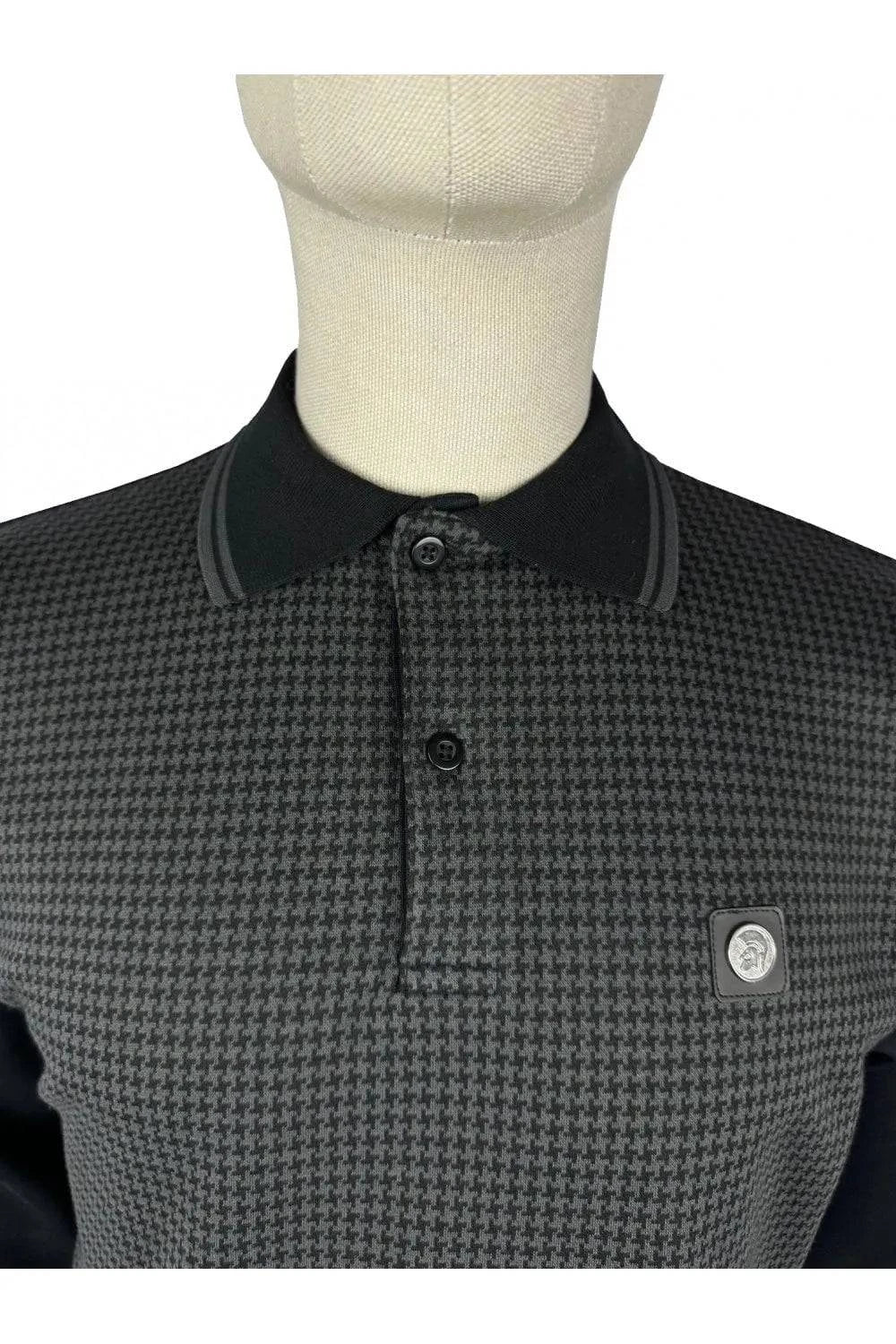 Trojan Houndstooth Panel Polo LS In Black - RD1 Clothing