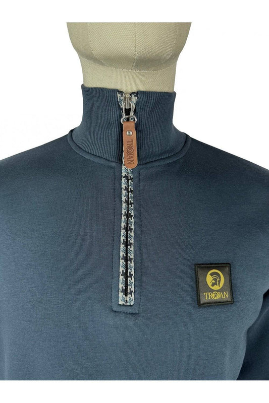 Trojan Houndstooth Trim 1/4 Zip Sweat In French Navy - RD1 Clothing