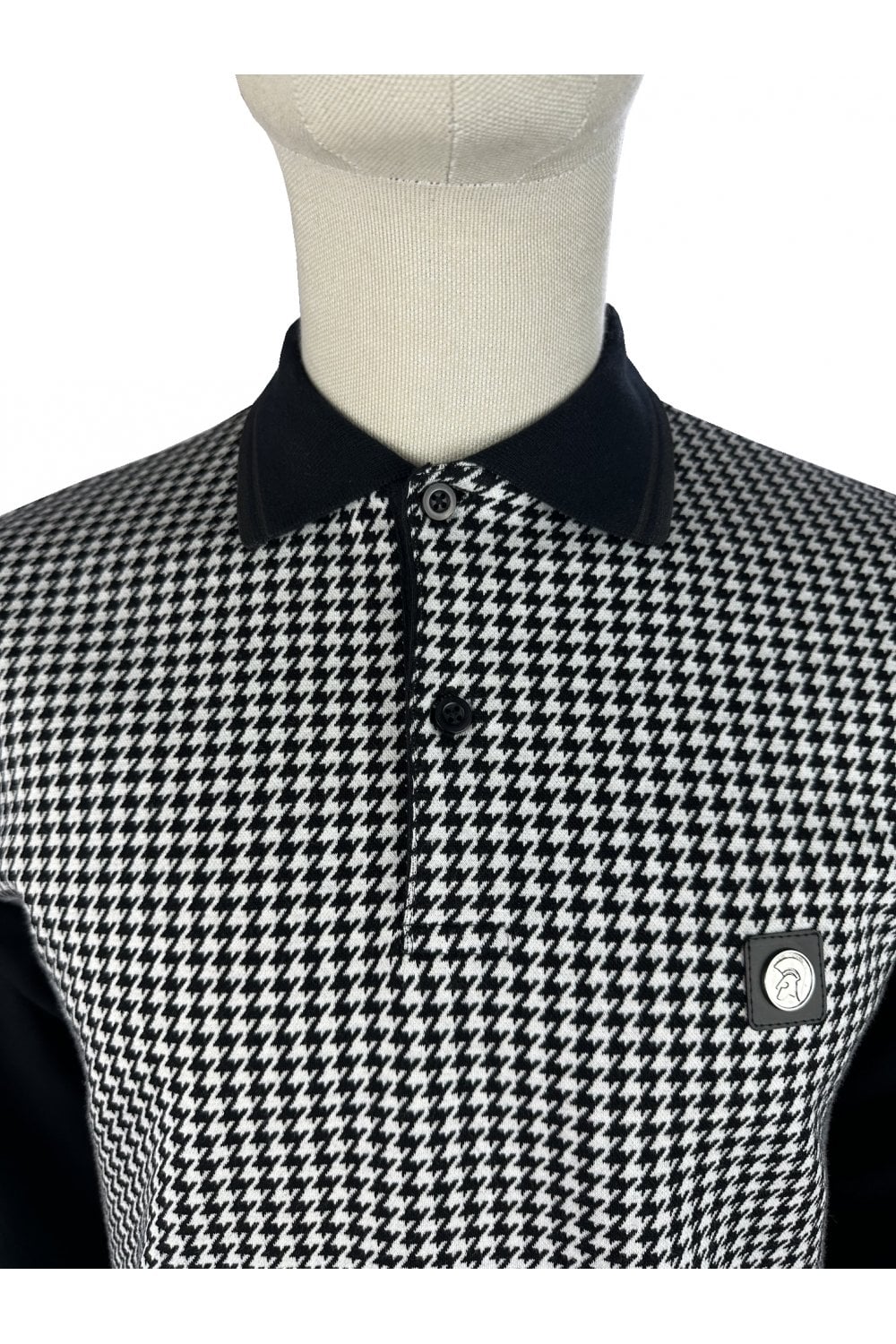 Trojan Mono Houndstooth Panel Long Sleeve Polo Black