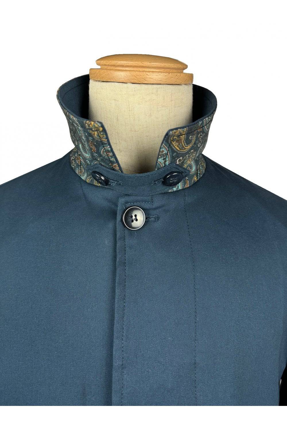 Trojan Paisley Trim Peached Cotton Mac In French Navy - RD1 Clothing
