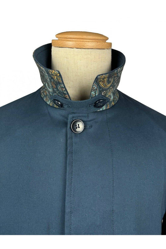 Trojan Paisley Trim Peached Cotton Mac In French Navy - RD1 Clothing