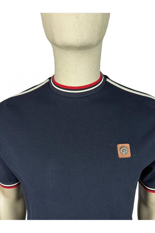 Trojan Three Colour Tipped Pique T-shirt in Navy - RD1 Clothing