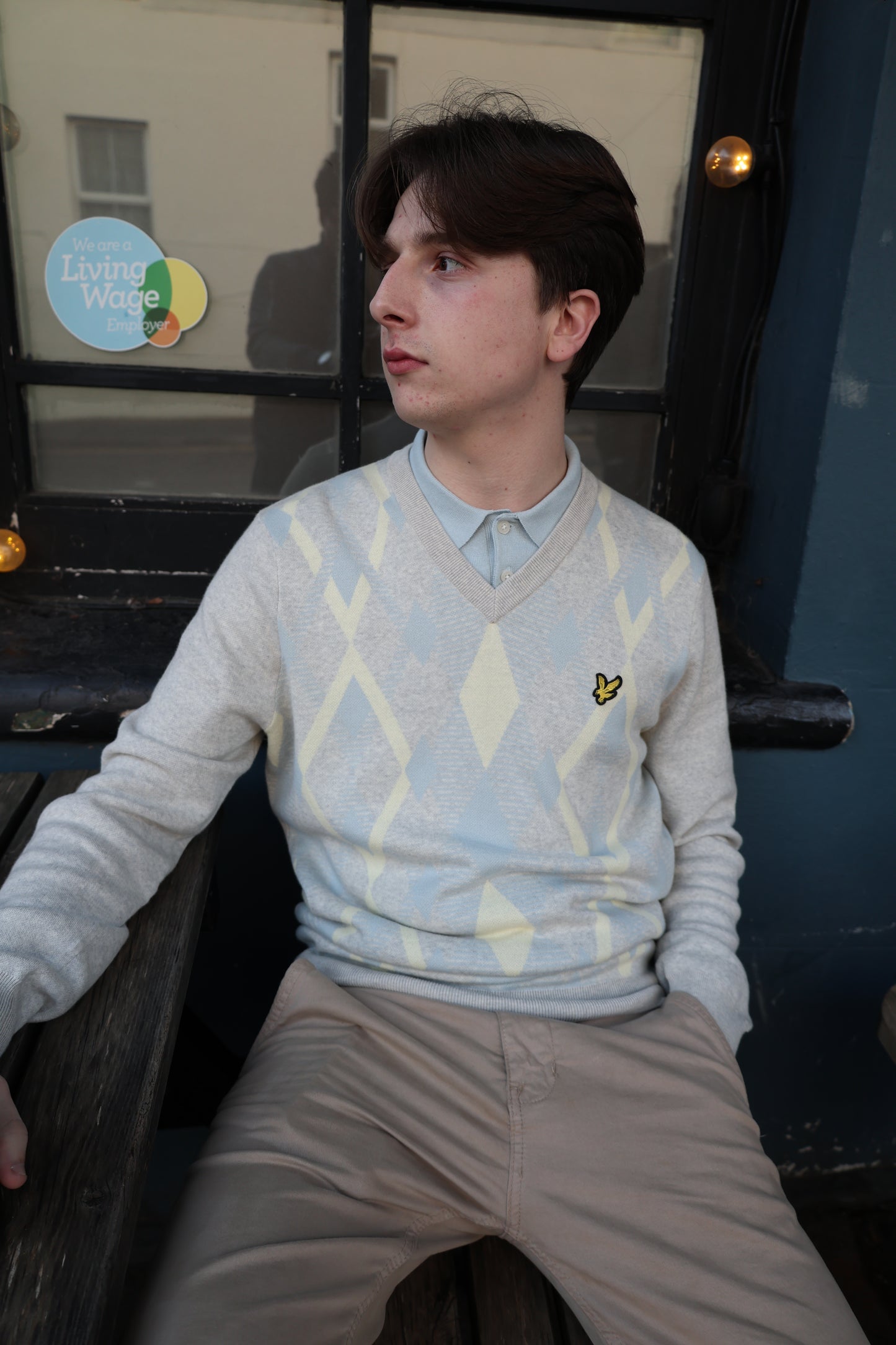 Lyle & Scott Cotton Argyle V Neck Jumper Light Grey Marl/ Opal Blue - RD1 Clothing
