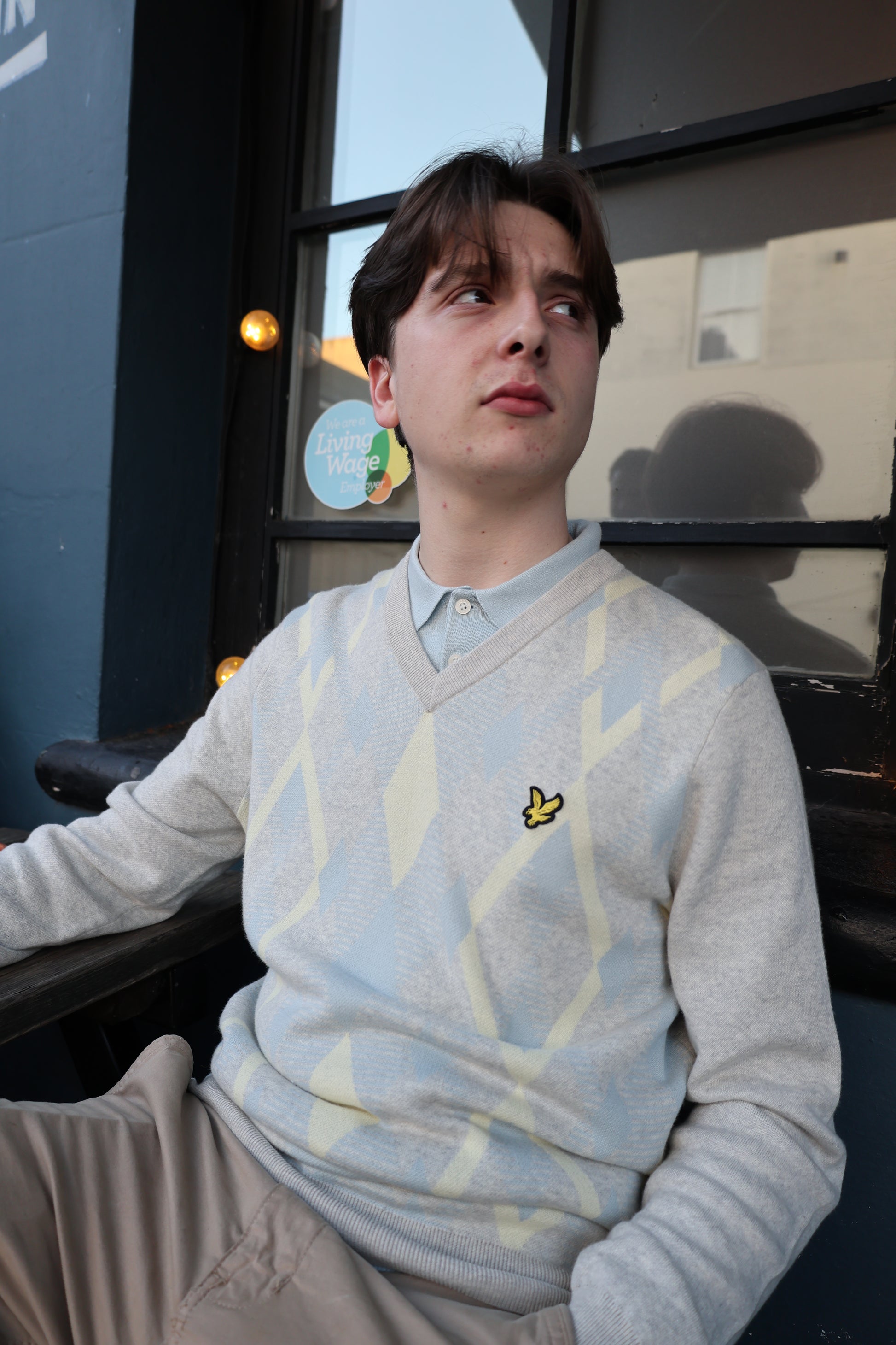 Lyle & Scott Cotton Argyle V Neck Jumper Light Grey Marl/ Opal Blue - RD1 Clothing