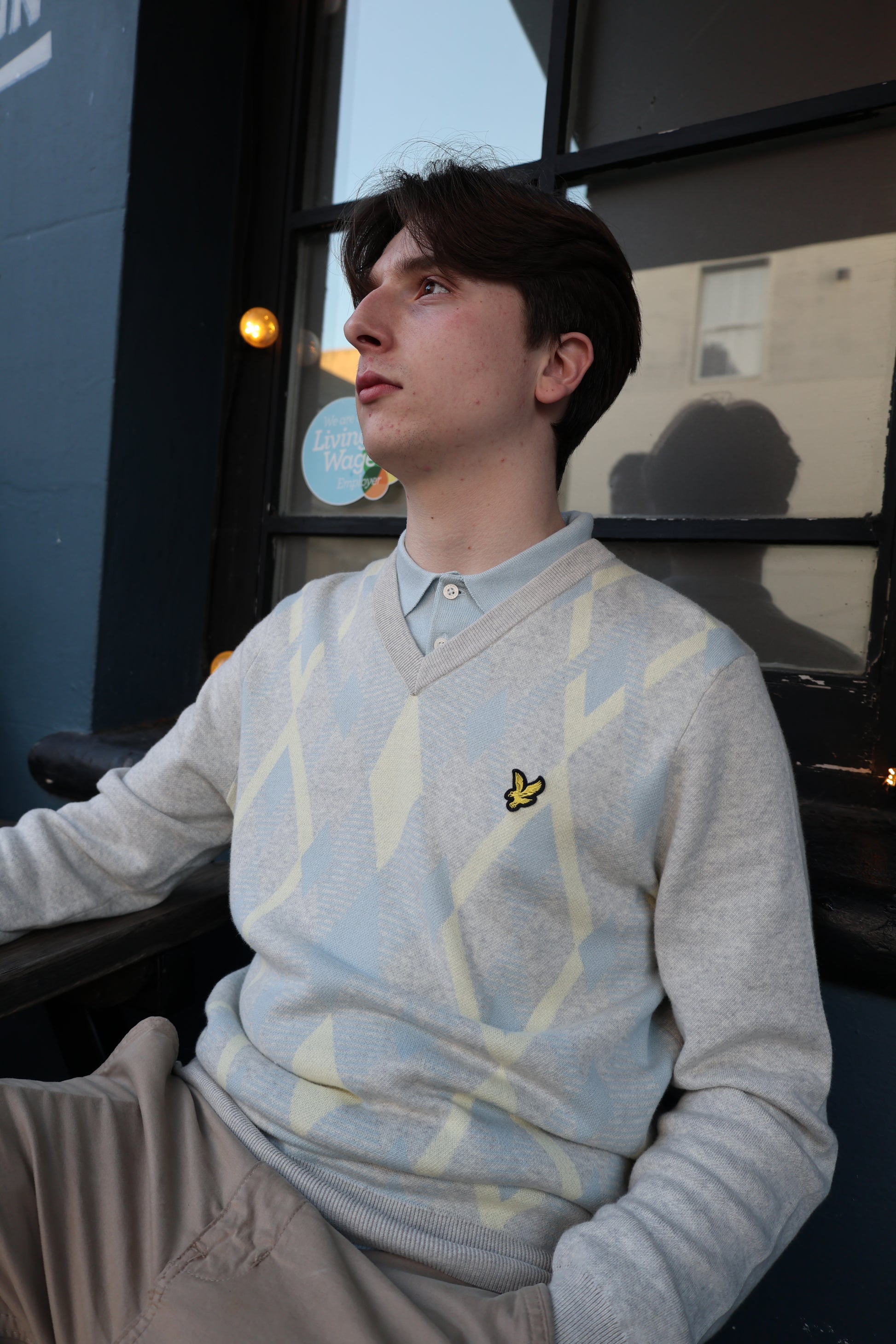 Lyle & Scott Cotton Argyle V Neck Jumper Light Grey Marl/ Opal Blue - RD1 Clothing