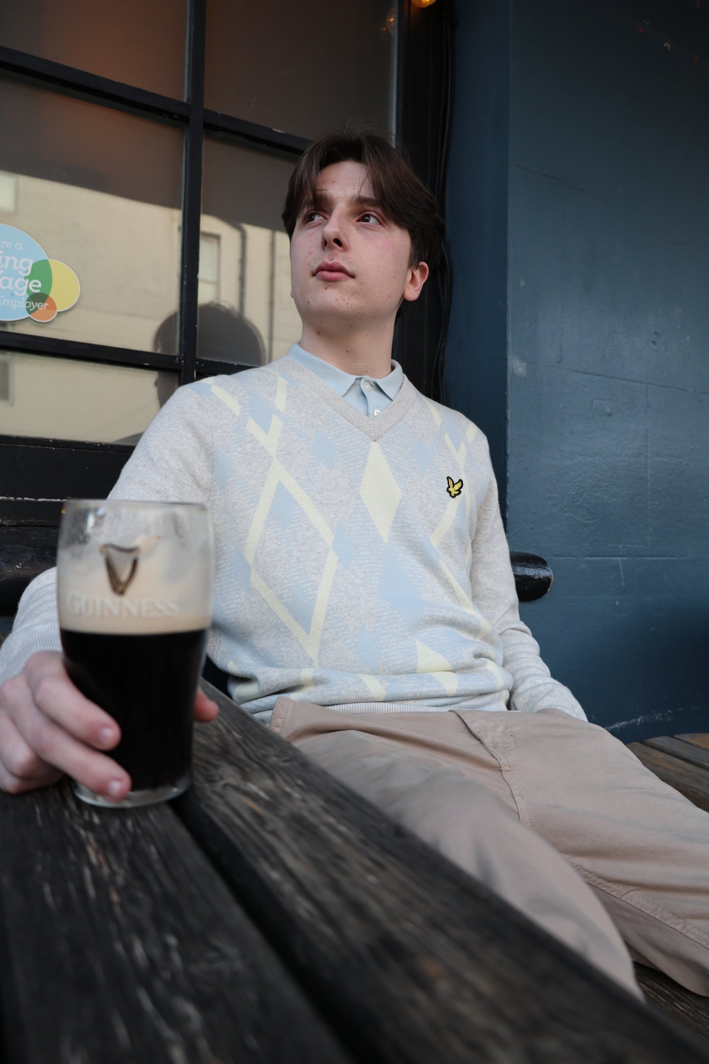 Lyle & Scott Cotton Argyle V Neck Jumper Light Grey Marl/ Opal Blue - RD1 Clothing