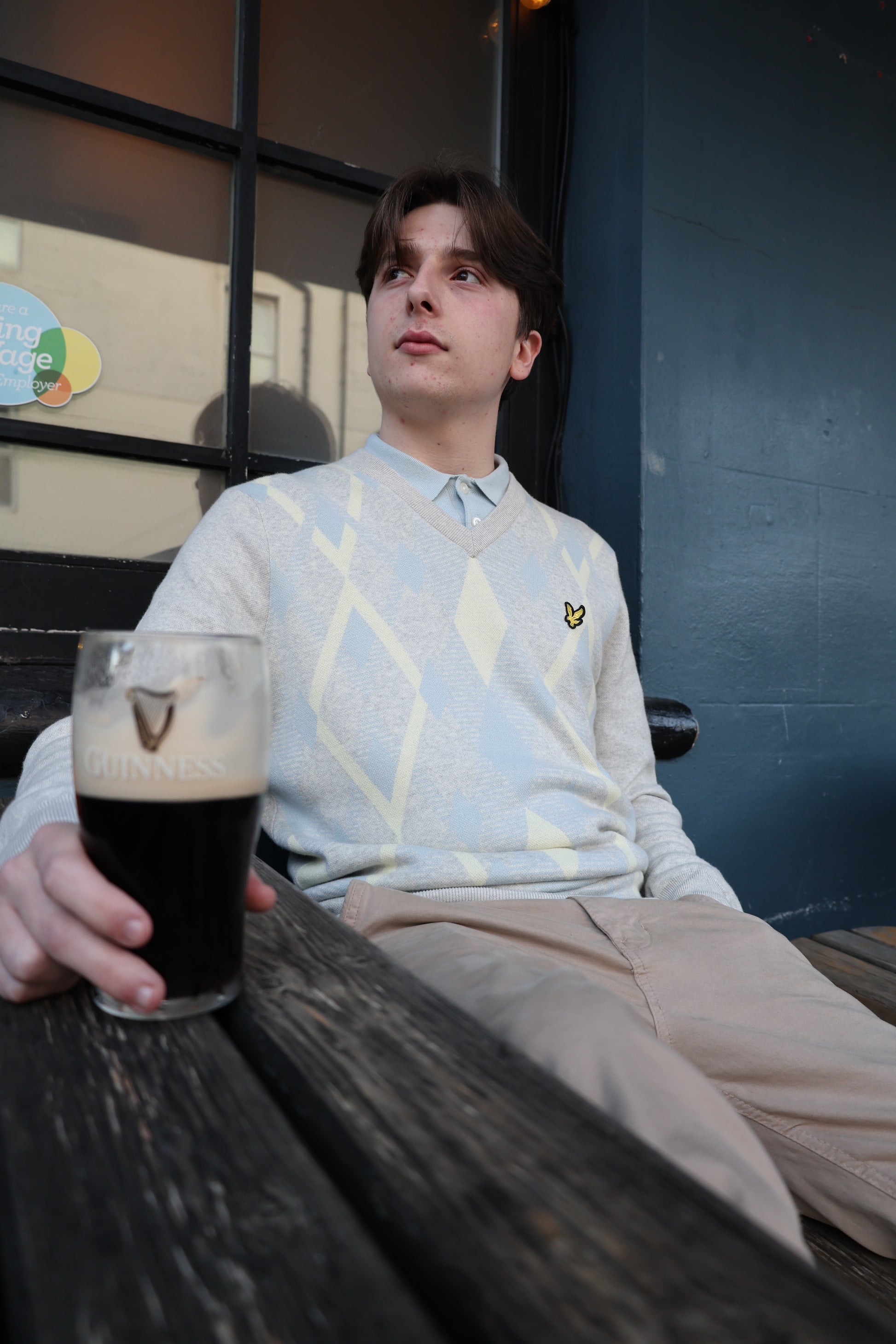 Lyle & Scott Cotton Argyle V Neck Jumper Light Grey Marl/ Opal Blue - RD1 Clothing