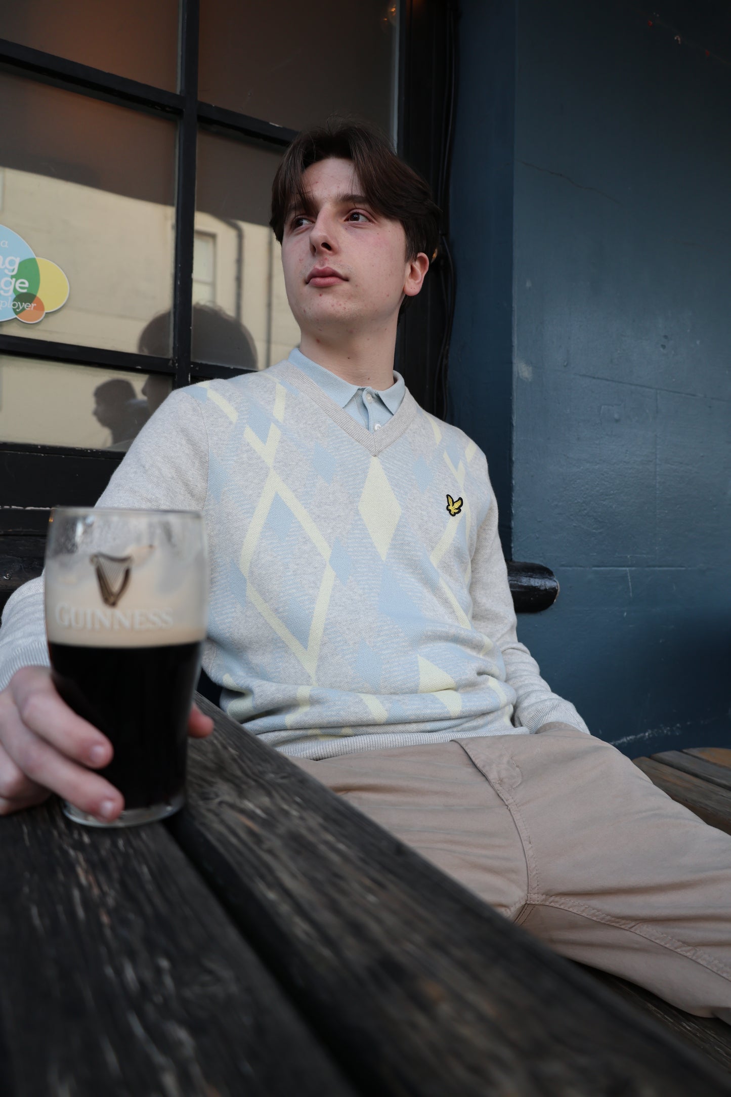 Lyle & Scott Cotton Argyle V Neck Jumper Light Grey Marl/ Opal Blue - RD1 Clothing