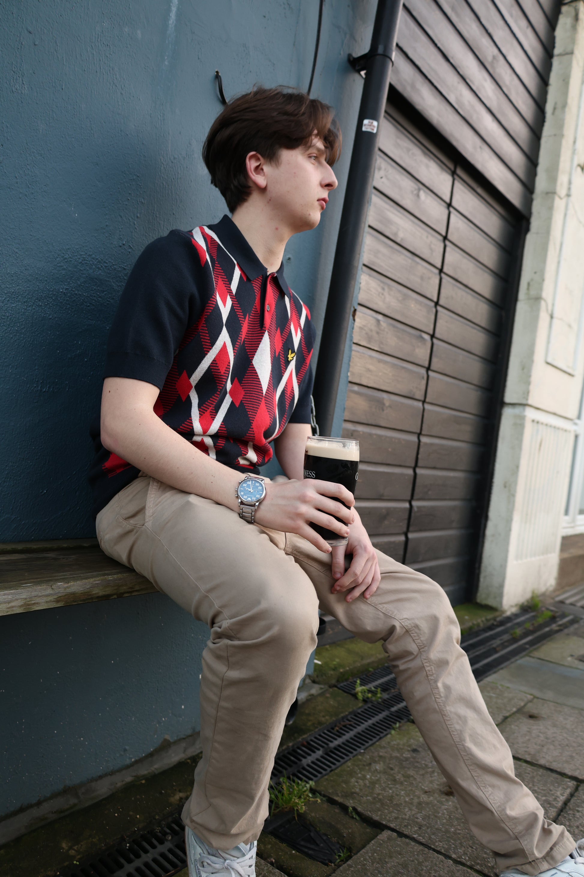 Lyle & Scott Cotton Argyle Short Sleeve Knitted Polo Dark Navy/Red Cherry - RD1 Clothing