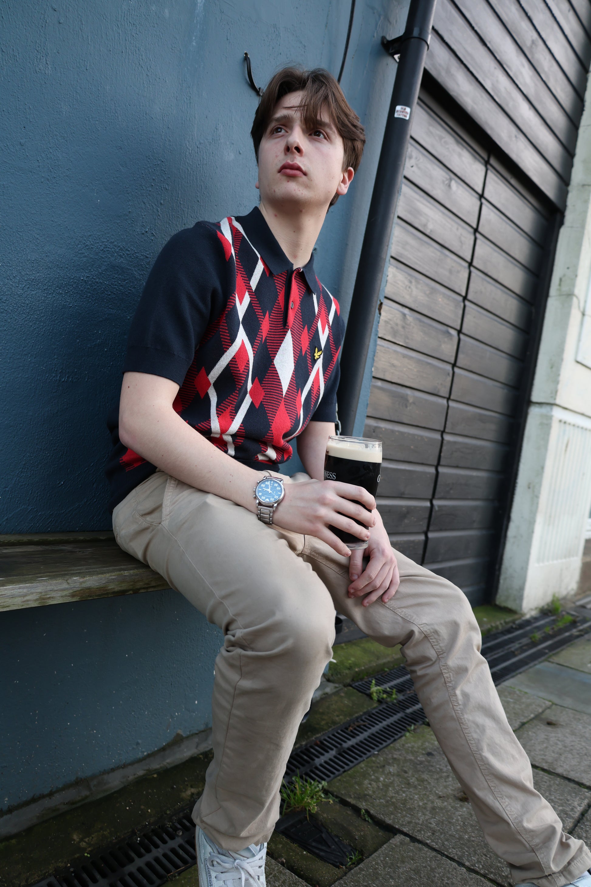 Lyle & Scott Cotton Argyle Short Sleeve Knitted Polo Dark Navy/Red Cherry - RD1 Clothing