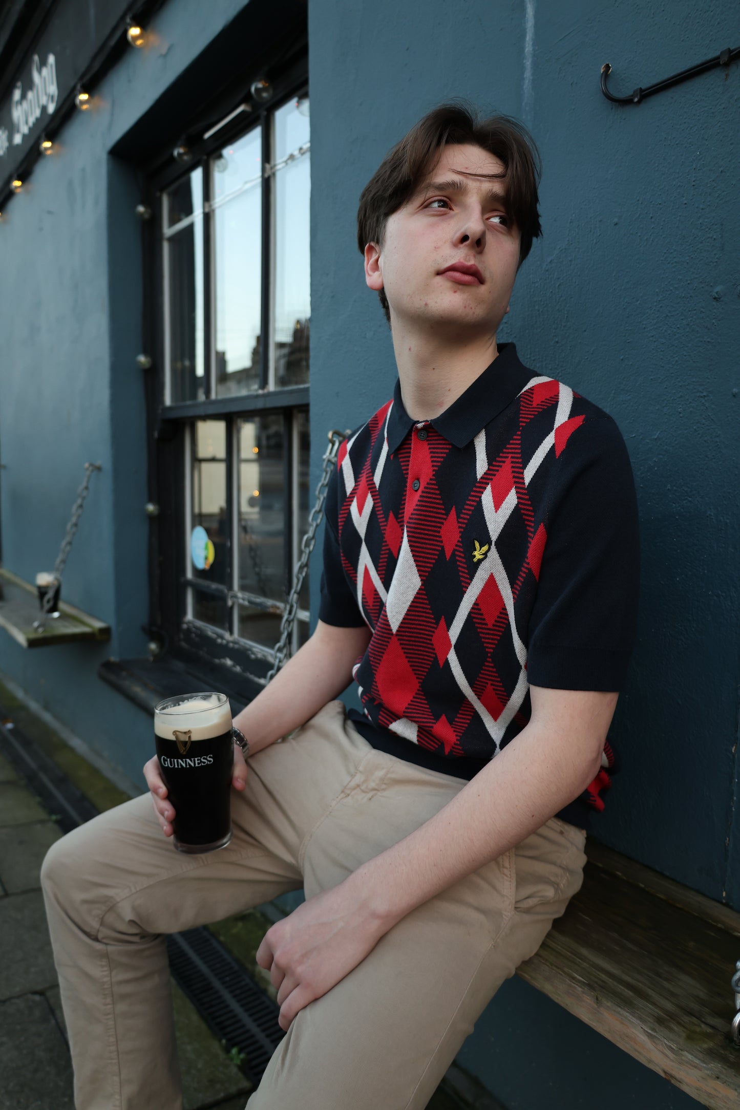 Lyle & Scott Cotton Argyle Short Sleeve Knitted Polo Dark Navy/Red Cherry - RD1 Clothing