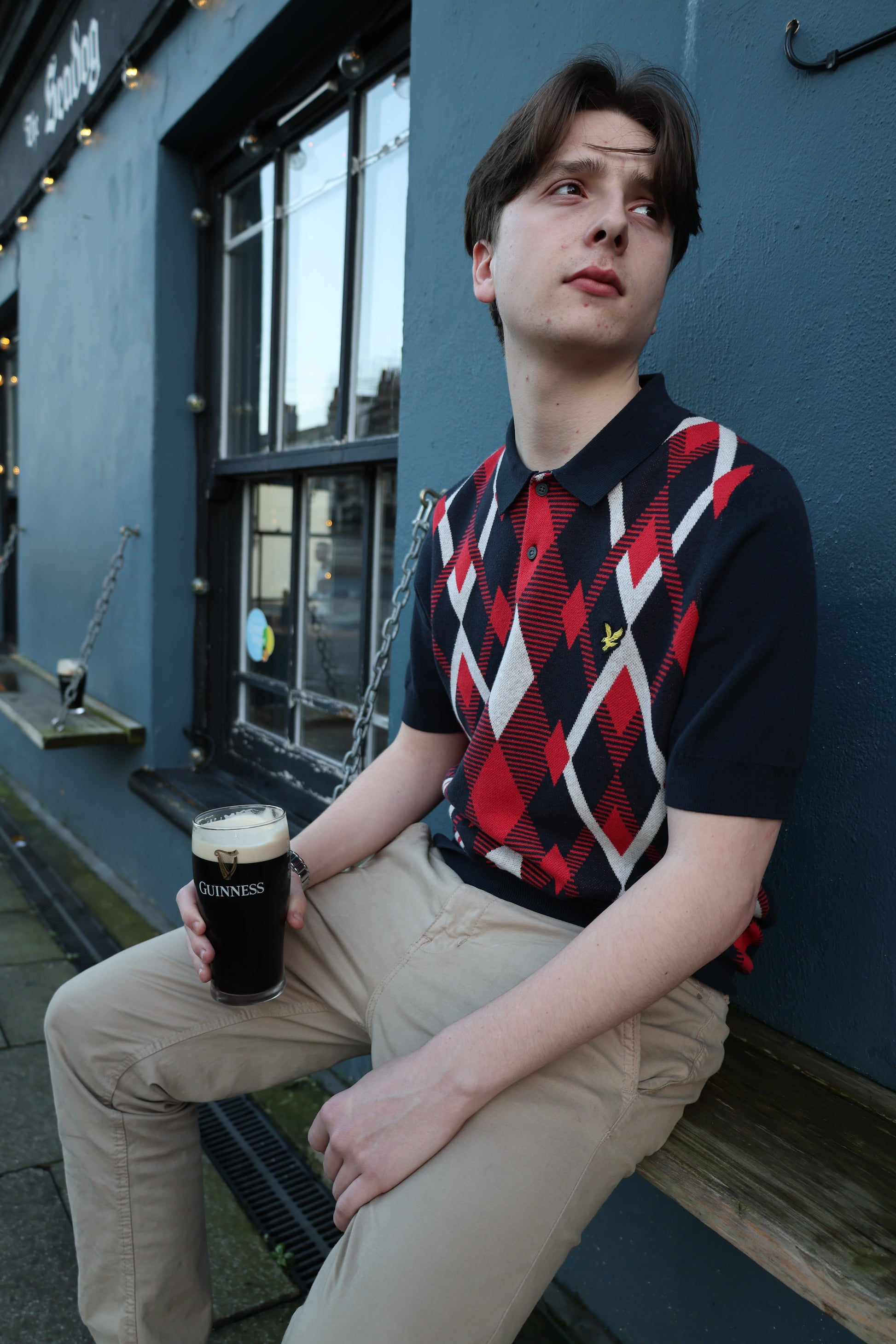 Lyle & Scott Cotton Argyle Short Sleeve Knitted Polo Dark Navy/Red Cherry - RD1 Clothing