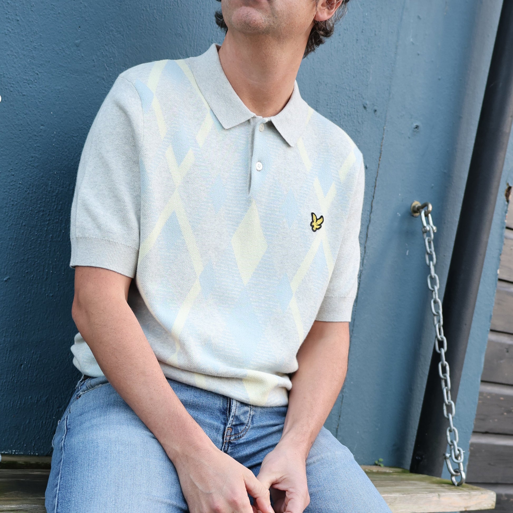 Lyle & Scott Cotton Argyle Short Sleeve Knitted Polo Light Grey Marl/ Opal Blue - RD1 Clothing