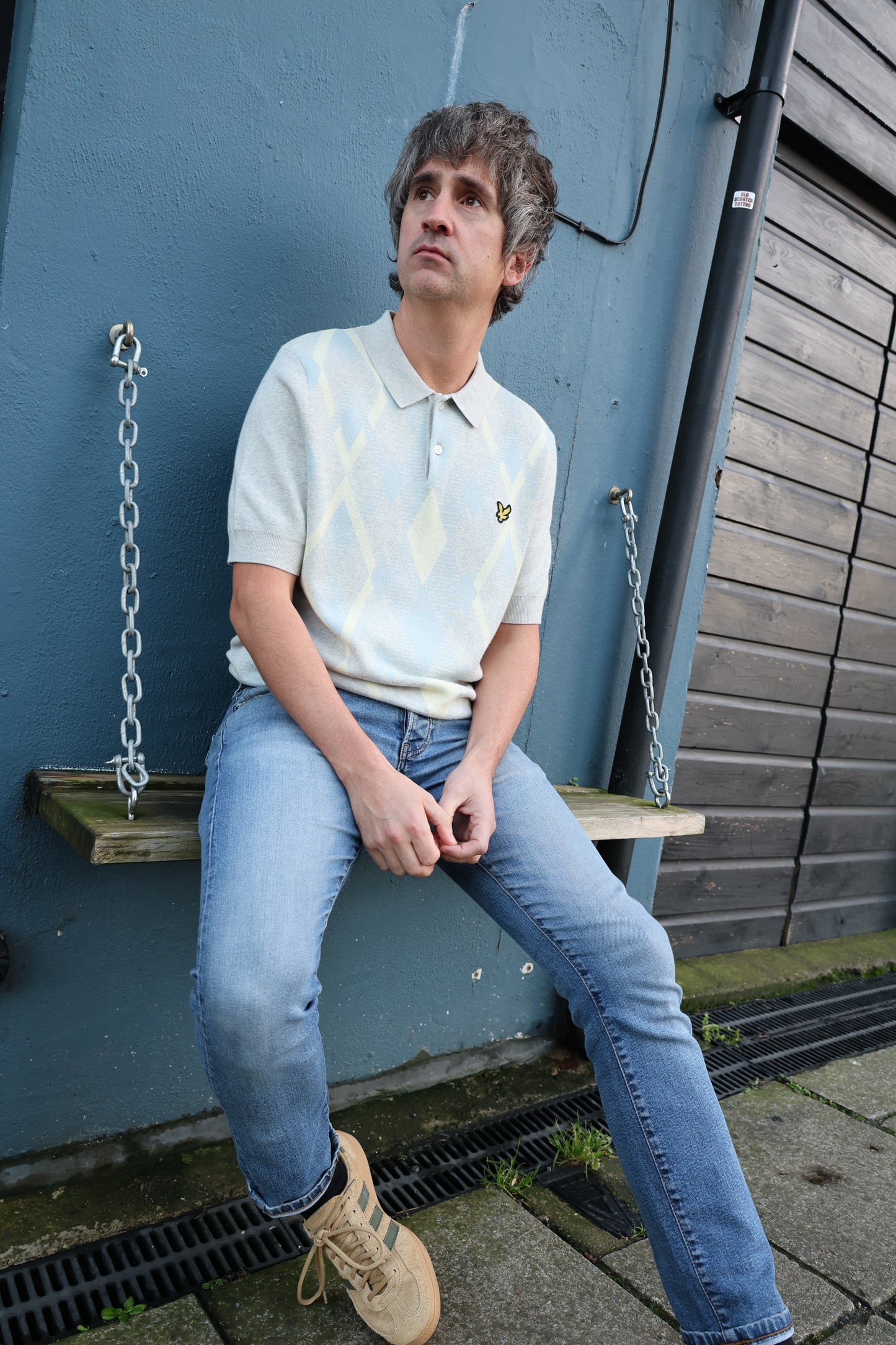 Lyle & Scott Cotton Argyle Short Sleeve Knitted Polo Light Grey Marl/ Opal Blue - RD1 Clothing