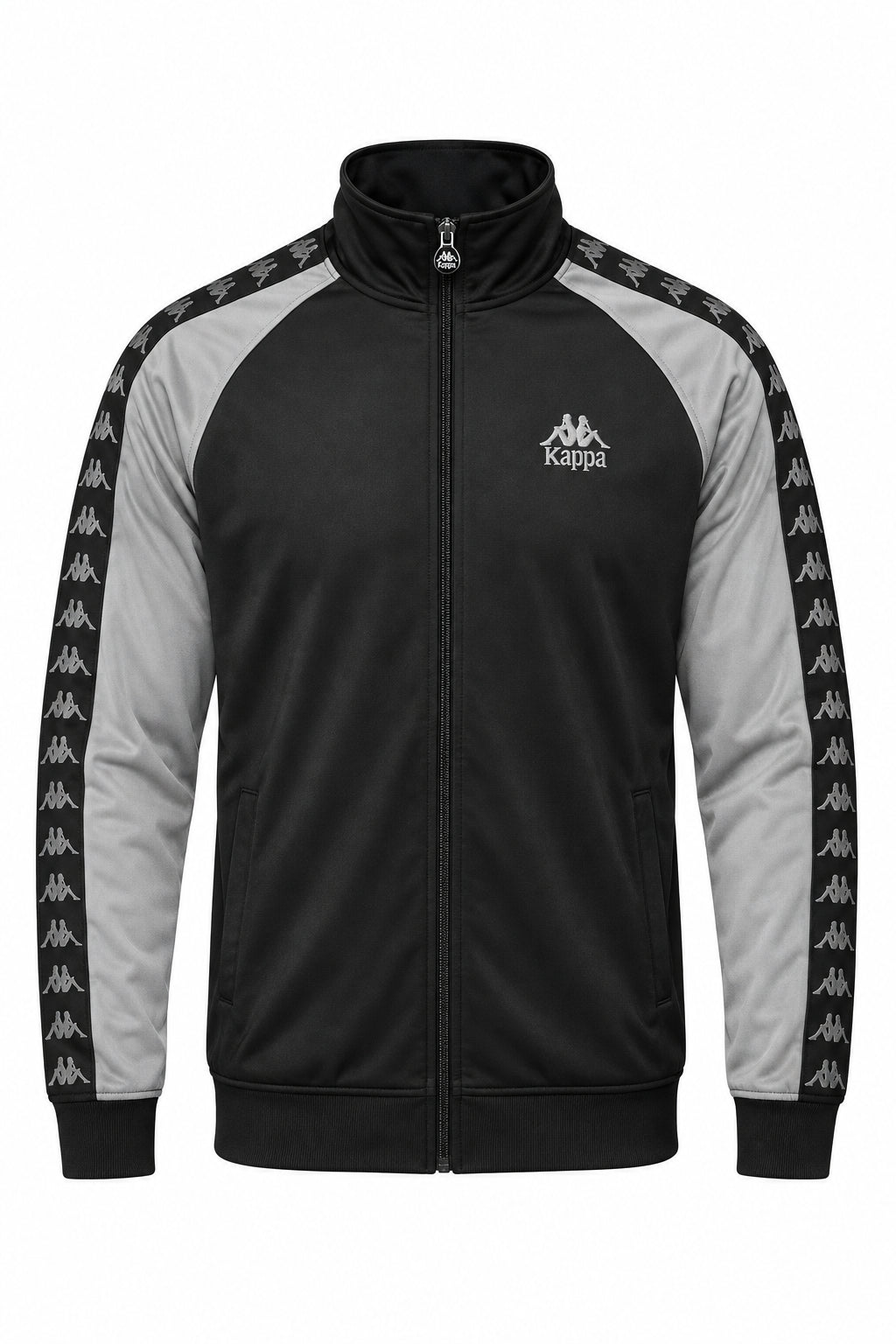 Kappa Leander black and grey maze track top with zip-up front and sporty design, featuring Kappa branding on the chest.