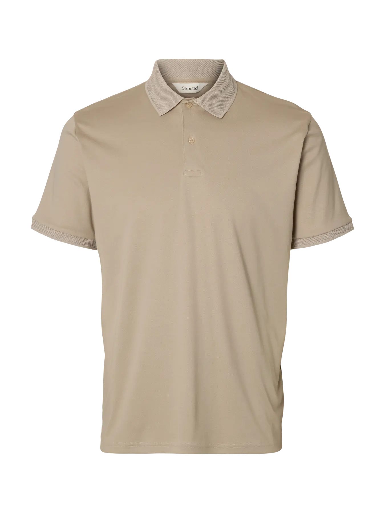 Selected Homme Slmfave oatmeal button polo shirt, casual men's short-sleeve polo with collar and front buttons, comfortable fit.