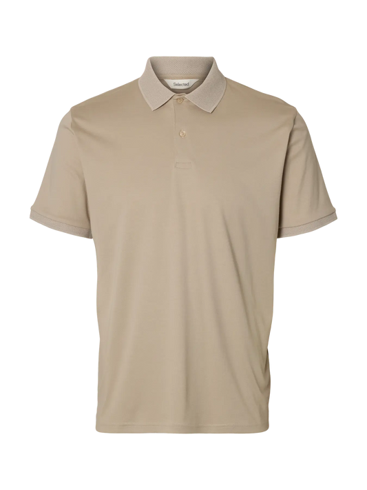 Selected Homme Slmfave oatmeal button polo shirt, casual men's short-sleeve polo with collar and front buttons, comfortable fit.