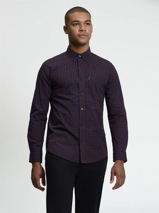 Ben Sherman long sleeve house check shirt in sienna with a button-down collar and classic plaid pattern, displayed on a neutral background.