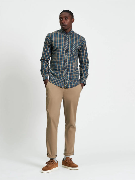 Ben Sherman long sleeve house check shirt in teal, featuring a classic plaid pattern and button-down front.