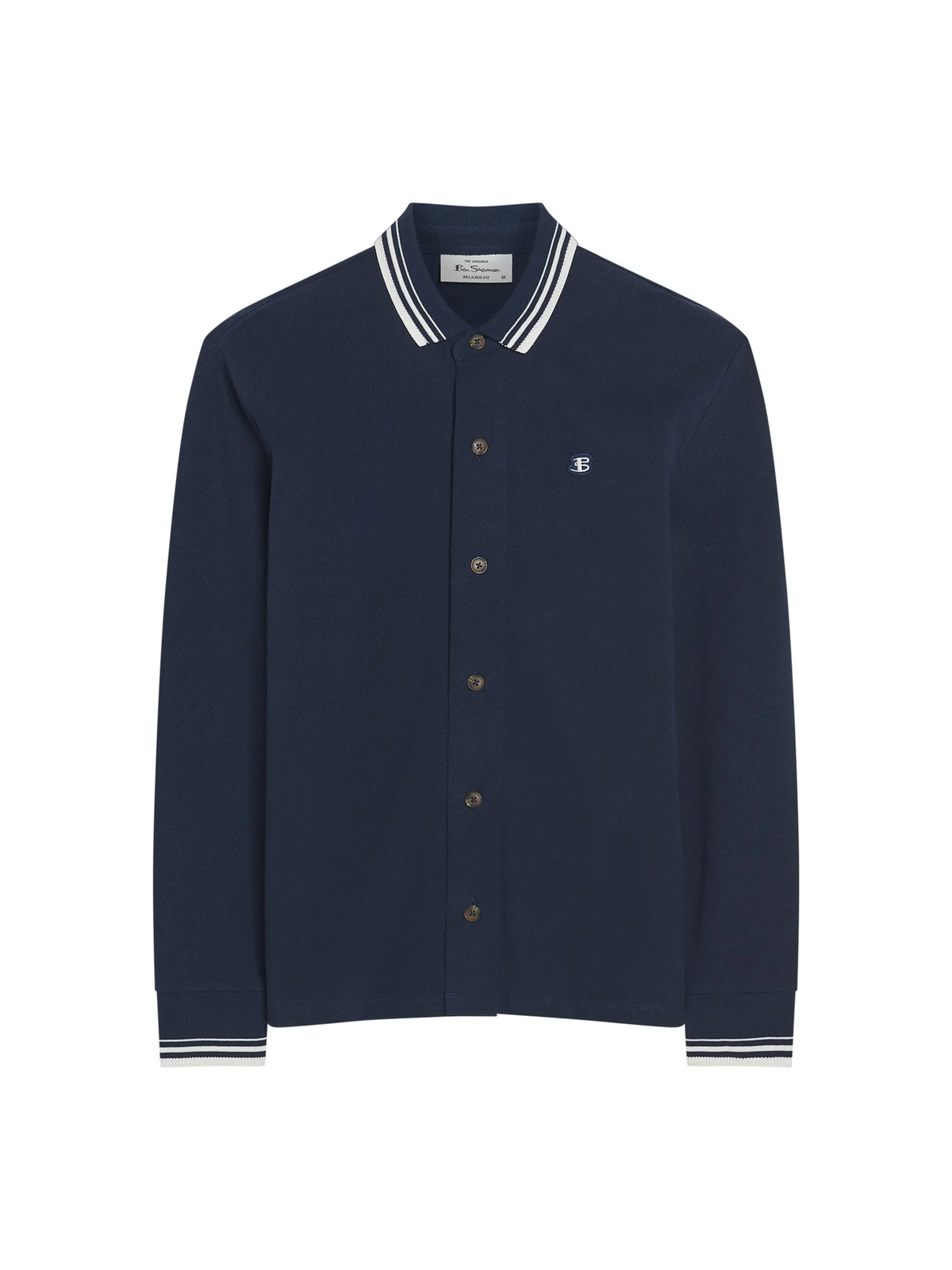 Ben Sherman navy tipped long sleeve polo shirt with collar, featuring subtle contrasting trim and button placket.