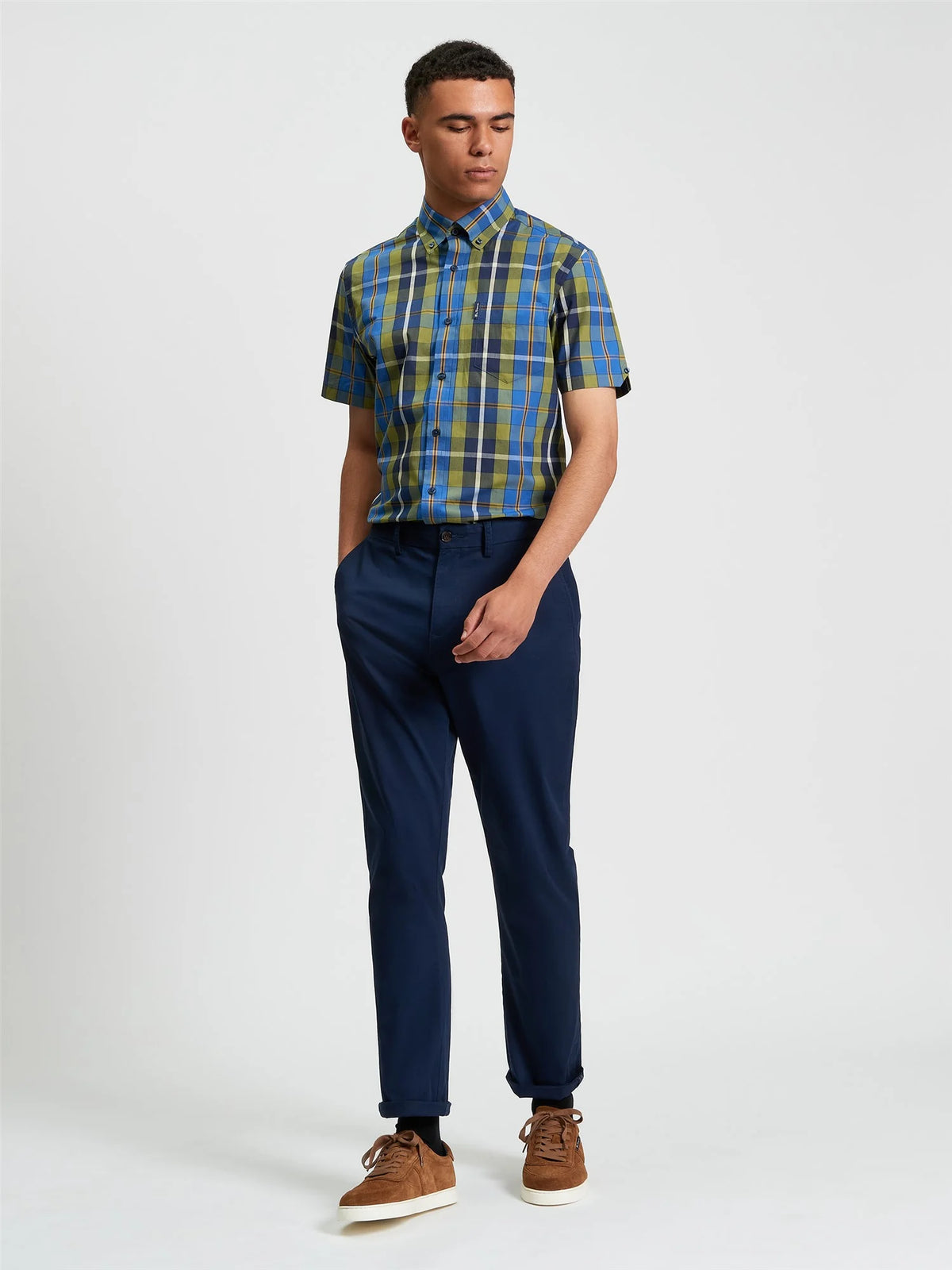 Ben Sherman classic short sleeve check shirt in green, casual men's shirt with plaid pattern, displayed on a hanger.