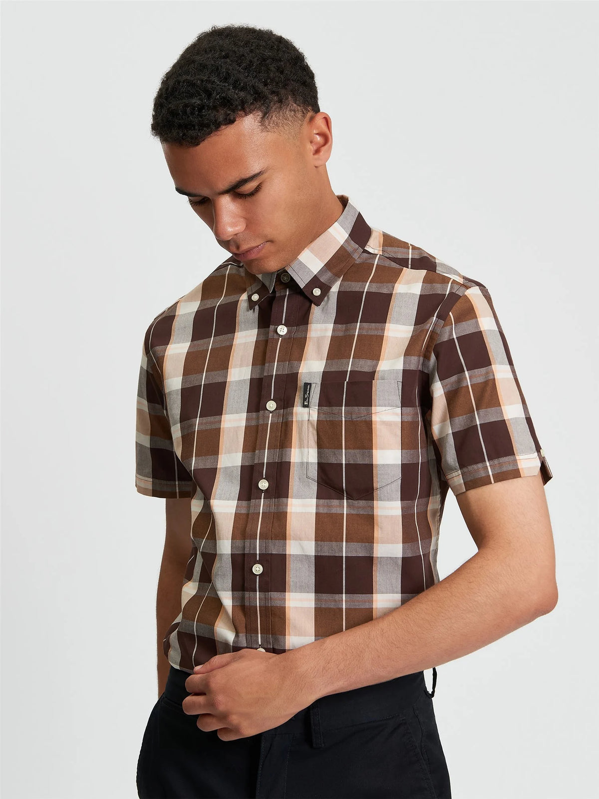 Ben Sherman dark brown check shirt with a classic block pattern, casual long-sleeve shirt for men by RD1 Clothing.