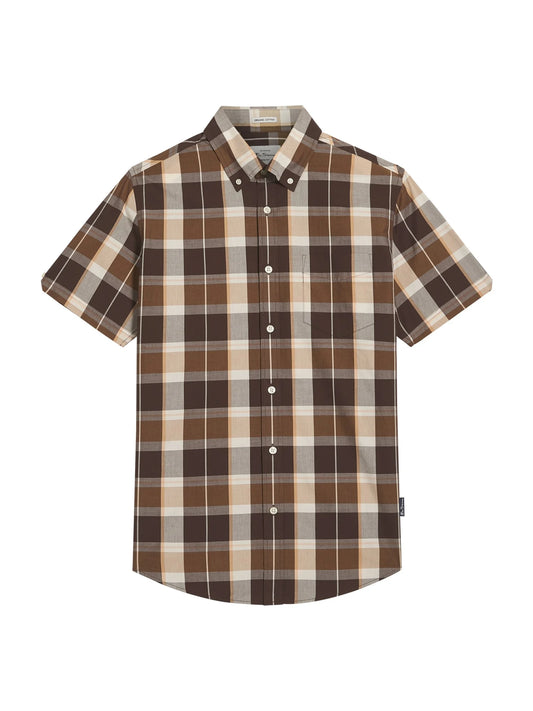Ben Sherman dark brown check shirt featuring a classic block pattern, made by RD1 Clothing, displayed on a hanger.