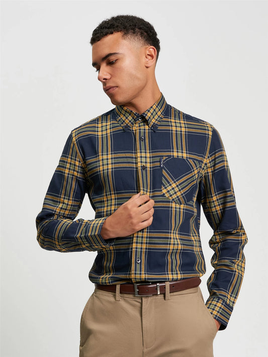 Ben Sherman navy grid check shirt, stylish casual shirt with a classic pattern, featuring button-down collar and long sleeves.
