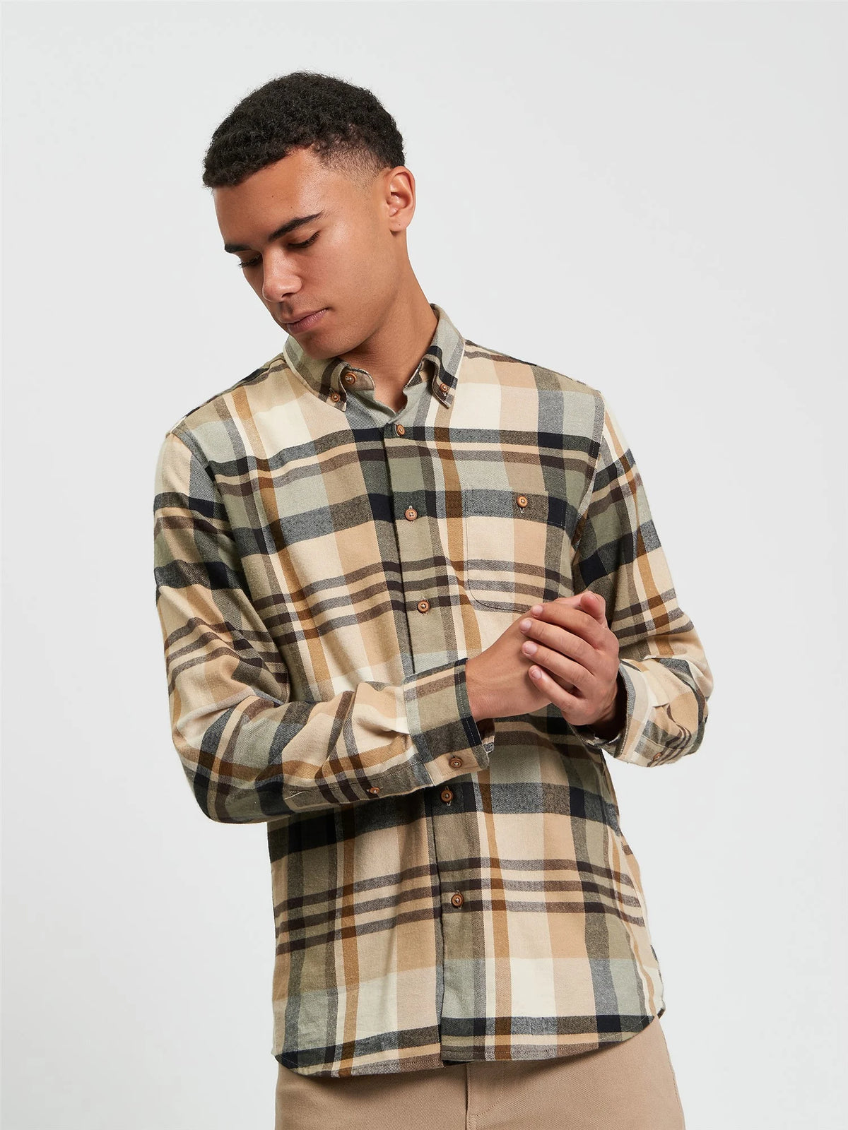 Ben Sherman brushed check shirt in sand, casual men's shirt with a classic plaid pattern and soft brushed fabric.