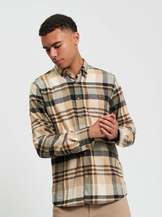 Ben Sherman brushed check shirt in sand, casual men's shirt with a classic plaid pattern and soft brushed fabric.