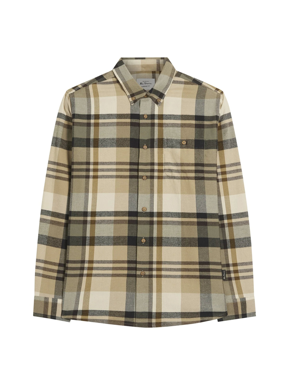 Ben Sherman brushed check shirt in sand, featuring a classic plaid pattern and button-down collar, displayed on a hanger.