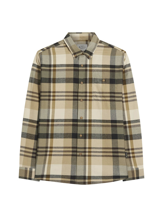 Ben Sherman brushed check shirt in sand, featuring a classic plaid pattern and button-down collar, displayed on a hanger.