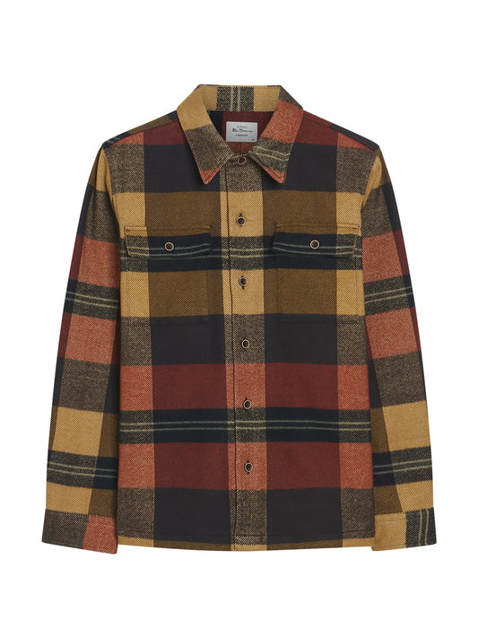 Ben Sherman heavy brushed check overshirt in burnt orange, featuring a casual button-up style and plaid pattern.