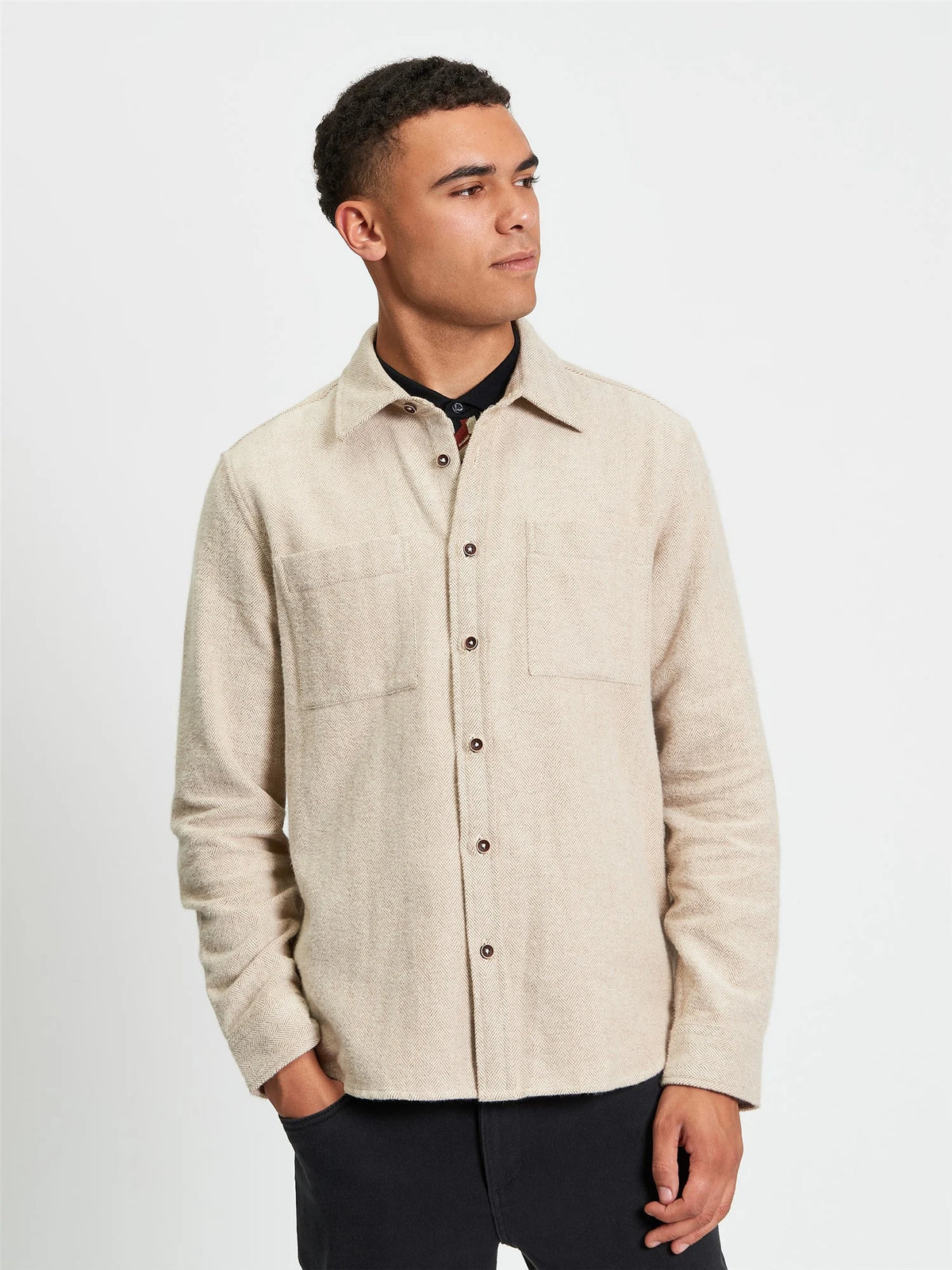 Ben Sherman brushed herringbone overshirt in bronze, featuring a stylish over shirt design with textured fabric and button front.