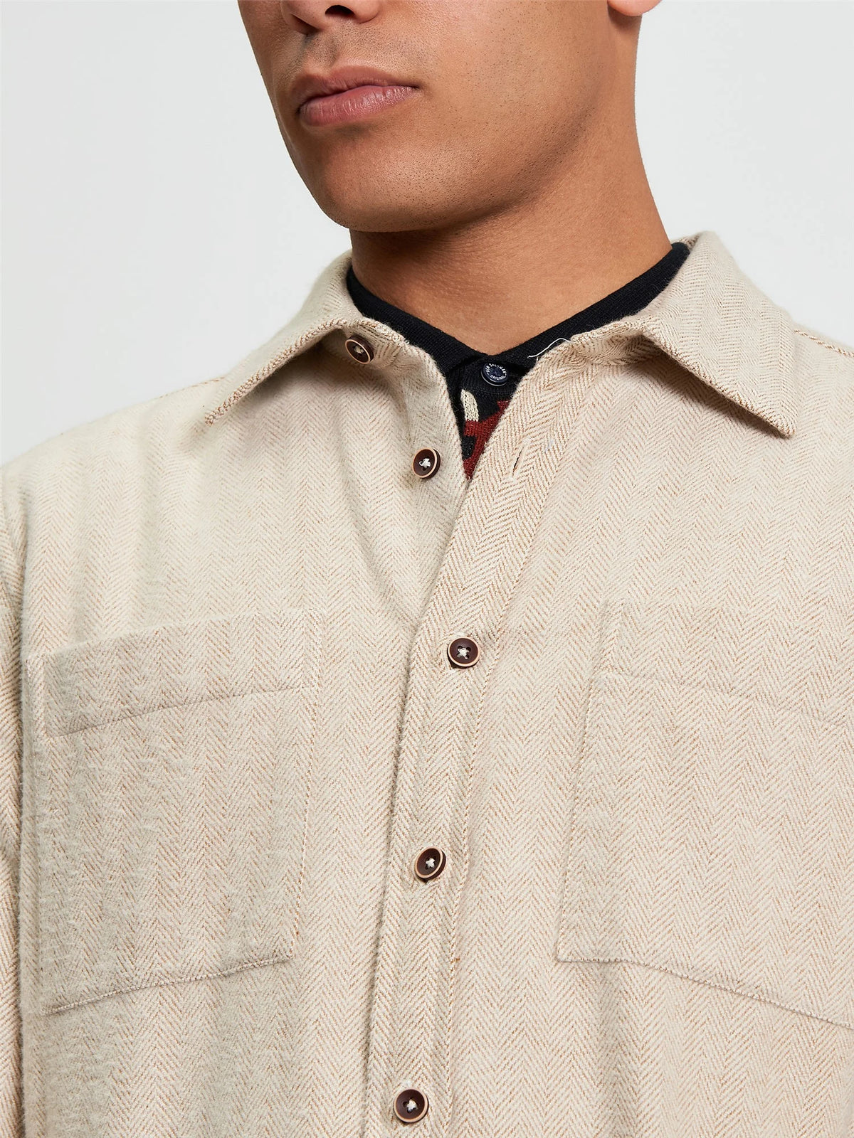 Ben Sherman brushed herringbone overshirt in bronze, casual over shirt with textured fabric and button closure, stylish and comfortable.
