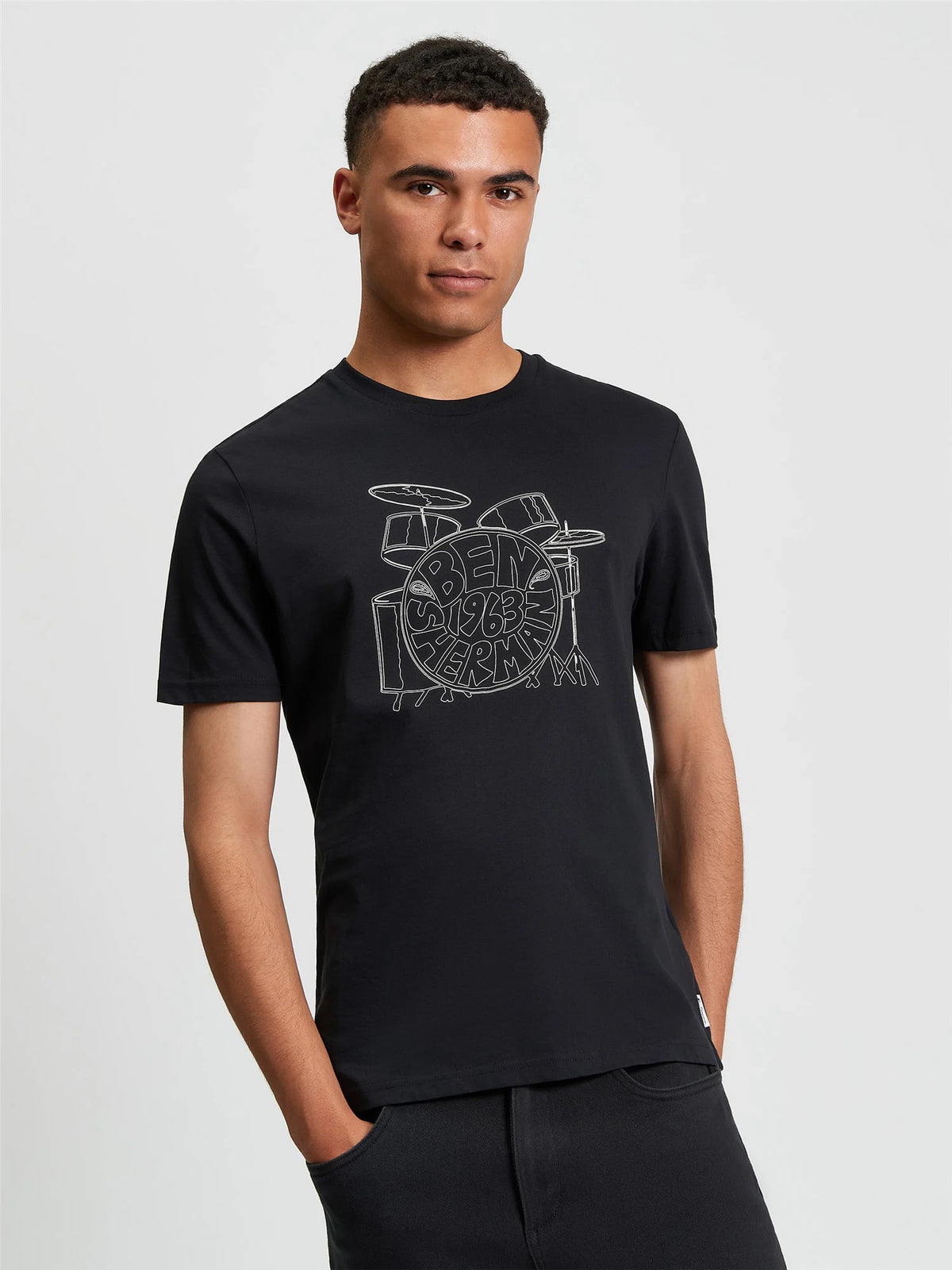 Black Ben Sherman Drum Kit T-Shirt by RD1 Clothing featuring a musical drum design on the front.
