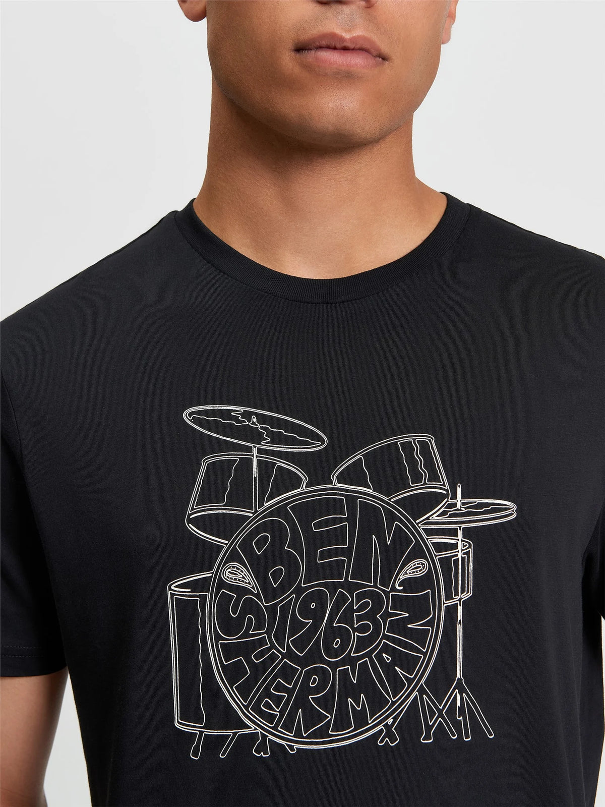 Black Ben Sherman Drum Kit T-Shirt in size RD1 Clothing, featuring a musical drum design on the front.