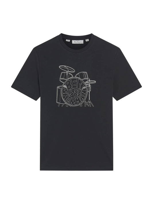 Black Ben Sherman Drum Kit T-Shirt by RD1 Clothing featuring a musical drum graphic on the front.