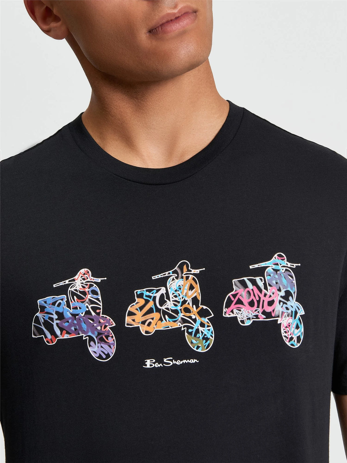 Black Ben Sherman Scooter Spray T-Shirt by RD1 Clothing featuring a graphic design on the front.