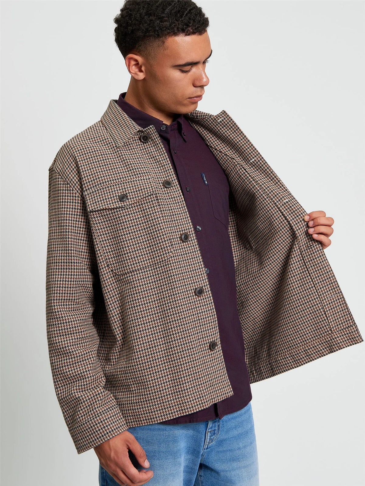 Ben Sherman check jacket in light brown, stylish men's jacket with plaid pattern, from RD1 Clothing, displayed on a hanger.