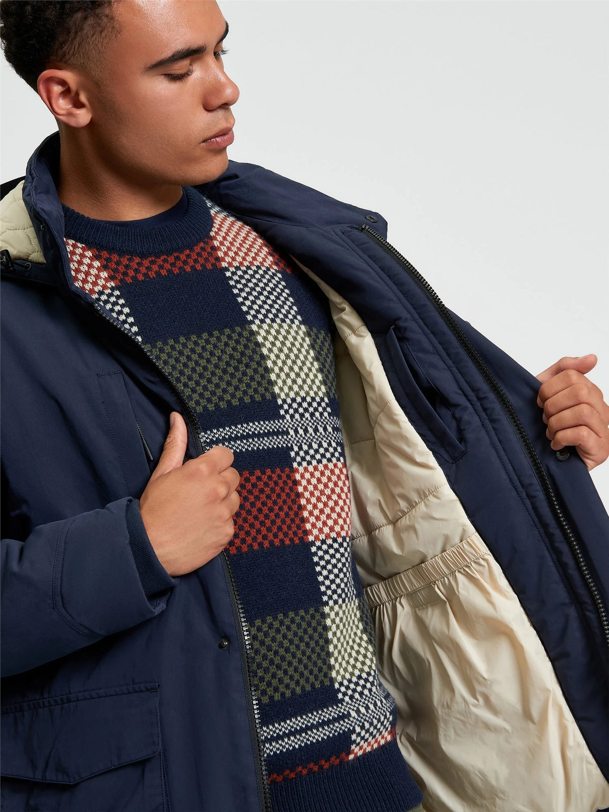 Ben Sherman heavy navy parka jacket with hood and front pockets, made by RD1 Clothing, suitable for cold weather.