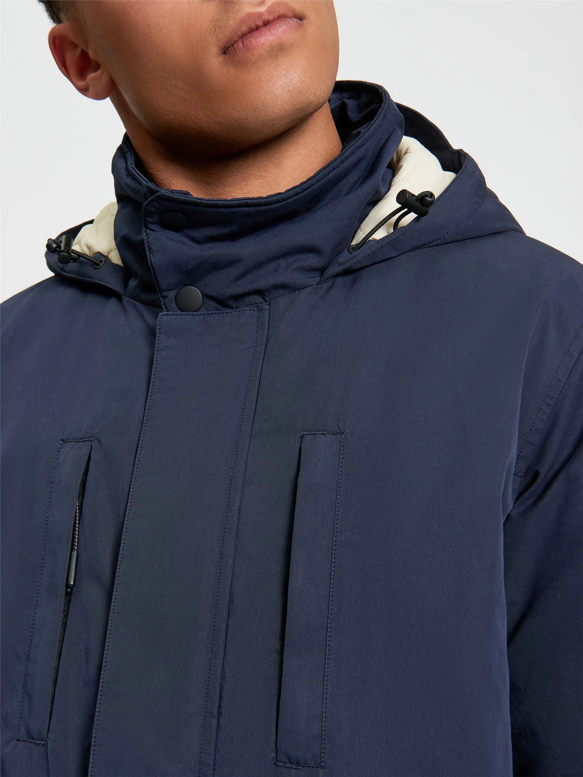 Ben Sherman heavy navy parka jacket with hood and front pockets, made by RD1 Clothing, casual outerwear for cold weather.