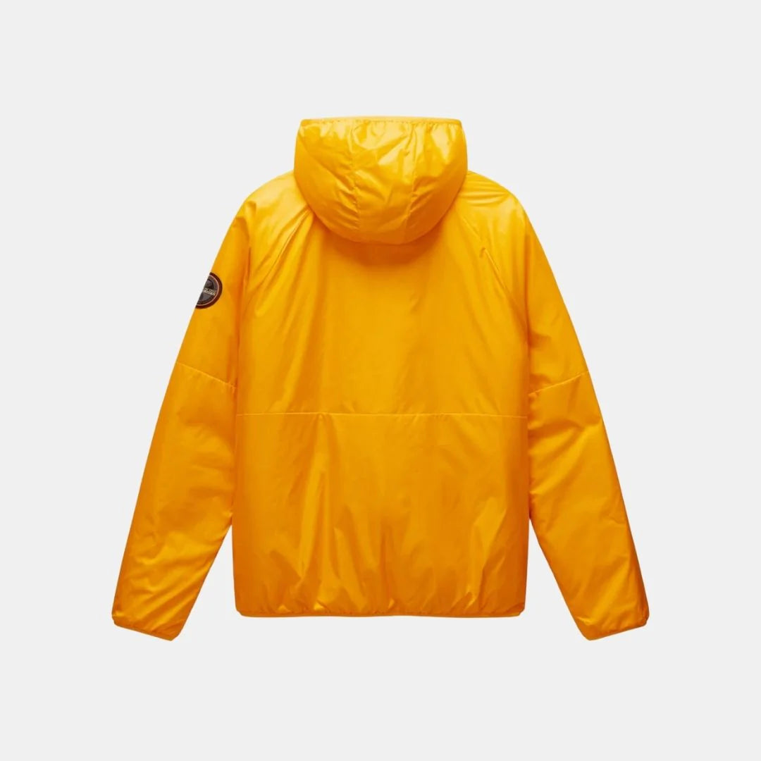 Napapijri A-Thur orange jacket with a hood and zipper, shown on a hanger, featuring a vibrant color and casual outdoor style.